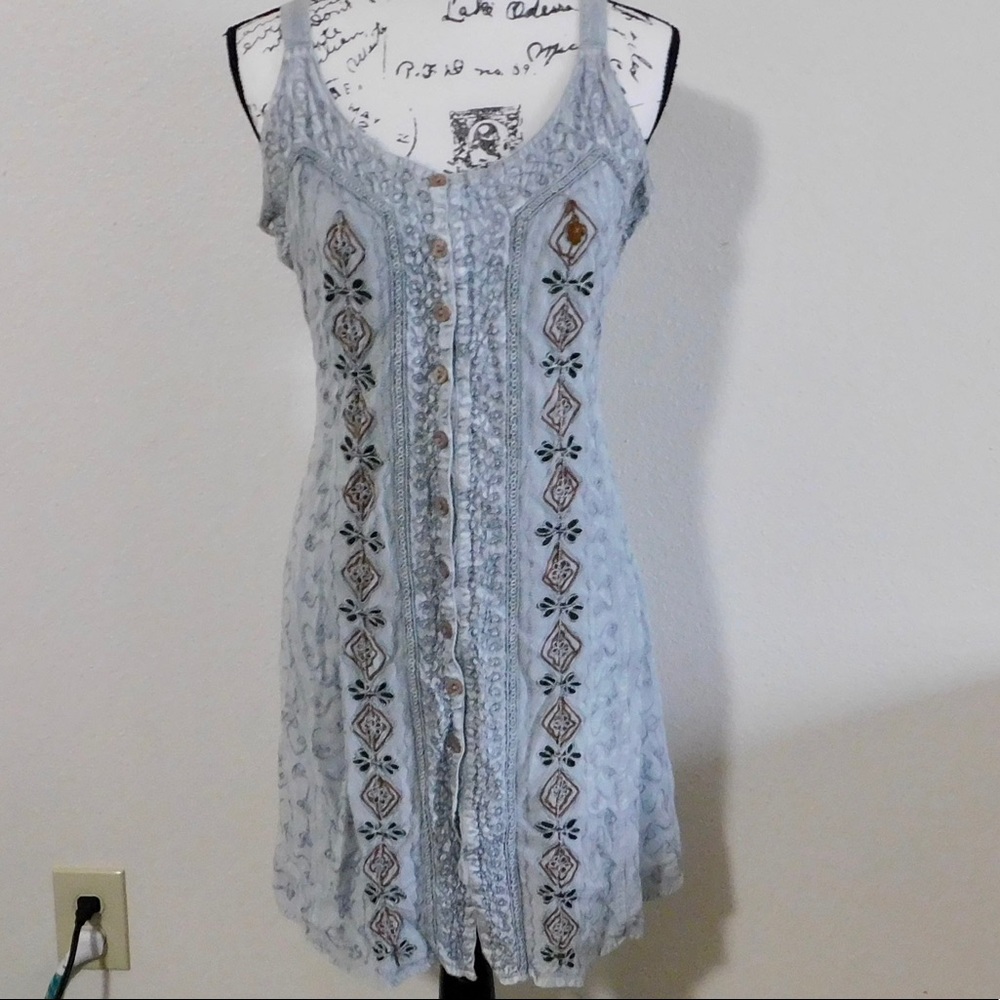 Vintage RARE Cubical Boho Embroidered Floral Jean 90’s Shirt Dress Blue Tie